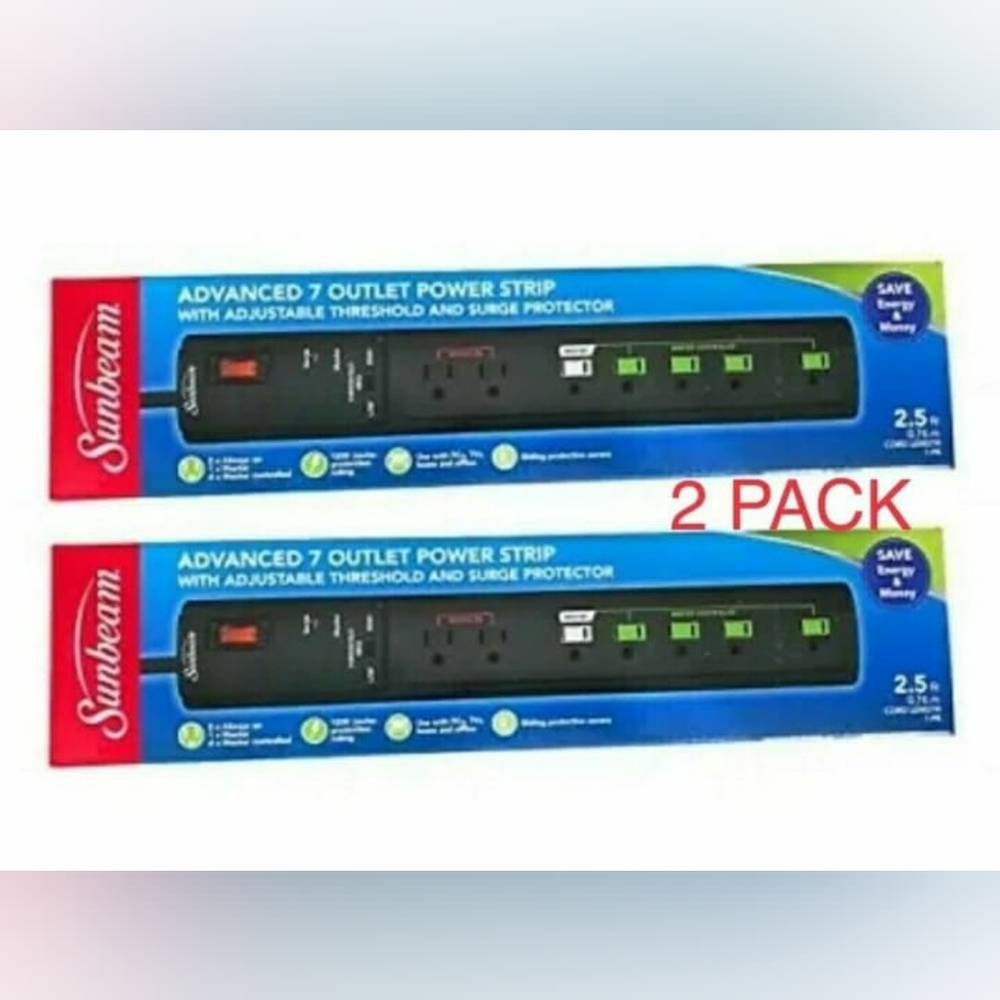 2 PACK Sunbeam Advance 7 Outlet Power Strip Adjustable Threshold Surge Protector